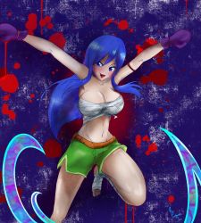 Rule 34 | absurdres, bandages, blood, blood stain, blue eyes, blue hair, boxer, boxing gloves, breasts, dracula man (dragonball), dragon ball, fairy tail, flatpancakesjim, highres, jumping, juvia lockser, large breasts, long hair, nipples, open mouth, smile, tape, vampire