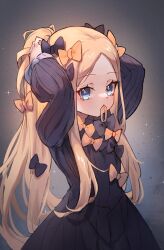 Rule 34 | 1girl, abigail williams (fate), arms up, black bow, black dress, blonde hair, blue eyes, bow, breasts, dress, fate/grand order, fate (series), forehead, hair bow, highres, long hair, long sleeves, looking at viewer, miya (miyaruta), mouth hold, orange bow, parted bangs, ponytail, ribbed dress, sidelocks, small breasts, solo, tying hair
