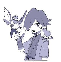 Rule 34 | 1boy, :d, bird, commentary request, creatures (company), falkner (pokemon), game freak, gen 1 pokemon, gen 3 pokemon, greyscale, hair over one eye, hand up, highres, jacket, japanese clothes, kimono, lower teeth only, male focus, monochrome, nintendo, open clothes, open jacket, open mouth, pidgey, pokemon, pokemon (creature), pokemon gsc, short hair, short sleeves, smile, taillow, teeth, tyako 089, white background, wristband