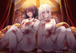 Rule 34 | 2girls, absurdres, black hair, blood, blood on clothes, blood on face, cheromo159, closed mouth, crossed arms, food, grin, highres, library of ruina, limbus company, long sleeves, low ponytail, multiple girls, pants, pie, pierre (project moon), project moon, red eyes, ryoshu (project moon), short hair, smile, white eyes, white hair, white pants