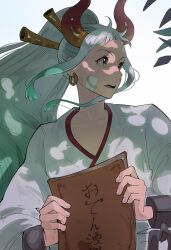 Rule 34 | 1girl, absurdres, bandaid, bandaid on face, book, commentary, cuffs, earrings, english commentary, green hair, hair ornament, handcuffs, highres, holding, holding book, horns, iago fn, japanese clothes, jewelry, kimono, looking to the side, multicolored hair, one piece, ponytail, red horns, sidelocks, simple background, solo, upper body, white hair, white kimono, yamato (one piece)