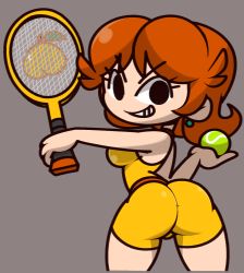 Rule 34 | 1girl, arched back, arm up, ass, ball, bare shoulders, bike shorts, black eyes, breasts, closed mouth, cowboy shot, cropped legs, earrings, female focus, from behind, grey background, grin, hand up, happy, highres, holding, holding ball, holding racket, jewelry, legs apart, looking at viewer, looking back, mario (series), mario tennis, medium breasts, nintendo, orange hair, outstretched arm, princess daisy, racket, shirt, short hair, sidelocks, simple background, skin tight, sleeveless, sleeveless shirt, smile, solo, standing, teeth, tennis ball, tennis racket, v-shaped eyebrows, vilepluff, yellow shirt