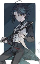 Rule 34 | 1boy, ahoge, black hair, black pants, black shirt, blue hair, collared shirt, facial mark, facing viewer, forehead mark, genshin impact, highres, holding, holding instrument, instrument, long sleeves, male focus, multicolored hair, pants, parted lips, shirt, simple background, solo, vest, white vest, xiao (genshin impact), yellow eyes, zaso