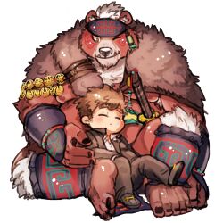 Rule 34 | 2boys, ainu clothes, animal ears, arm guards, bara, bear boy, bear ears, black nails, brown fur, brown hair, chest hair, closed eyes, closed mouth, collared shirt, commentary request, deformed, facepaint, fat, fat man, full body, furry, furry male, gakuran, green eyes, headband, hiryuu (hiryuuuuuuuuu), kimun kamui (housamo), loafers, male focus, multiple boys, muscular, muscular male, nipples, one eye closed, protagonist 5 (housamo), scar, scar on face, scar on mouth, school uniform, shirt, shoes, short hair, simple background, sitting, smile, thick eyebrows, tokyo houkago summoners, tusks, underpec, white background, white hair, white shirt