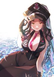 Rule 34 | 1girl, absurdres, between breasts, black bodysuit, black hair, blush, bodysuit, breasts, cleavage, covered navel, facial mark, fate/grand order, fate (series), fingerless gloves, forehead mark, gloves, hat, highres, in water, large breasts, light rays, logo, long hair, looking at viewer, multicolored hair, nail polish, necktie, peaked cap, pink hair, pink nails, sessyoin kiara, sessyoin kiara (swimsuit mooncancer), sessyoin kiara (swimsuit mooncancer) (second ascension), shirt, sitting, sleeveless, sleeveless shirt, smile, solo, streaked hair, suna co, sunlight, sweatdrop, torn bodysuit, torn clothes, yellow eyes