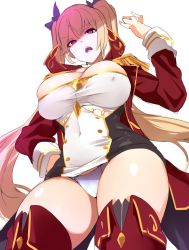 Rule 34 | 1girl, :o, azur lane, bebebe (pepegakii), black ribbon, blush, boots, breasts, cameltoe, cleavage, coat, contrapposto, covered erect nipples, covered navel, dress, epaulettes, foreshortening, hair ribbon, hand on own hip, hand up, highres, large breasts, long hair, long sleeves, looking at viewer, looking up, nelson (azur lane), open clothes, open coat, open mouth, red coat, red footwear, ribbon, shaded face, shiny skin, short dress, simple background, sketch, skindentation, solo, standing, thigh boots, thighhighs, thighs, tsurime, twintails, upskirt, v-shaped eyebrows, very long hair, white background, white dress