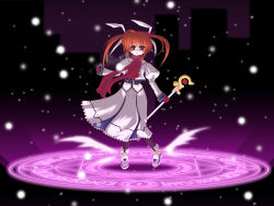 Rule 34 | 00s, 1girl, animal ears, blue eyes, bow, breath, brown hair, dress, frapowa, gloves, hair ribbon, highres, lyrical nanoha, magazine (weapon), magic circle, magical girl, mahou shoujo lyrical nanoha, mahou shoujo lyrical nanoha a&#039;s, mittens, purple eyes, rabbit ears, raising heart, raising heart (accel mode), red bow, red hair, ribbon, scarf, shoes, snowing, solo, takamachi nanoha, takamachi nanoha (sacred mode), twintails, wand, winged footwear, wings