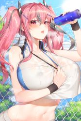 Rule 34 | 1girl, absurdres, azur lane, bare shoulders, blush, bottle, breasts, bremerton (azur lane), bremerton (scorching-hot training) (azur lane), chain-link fence, cleavage, collarbone, commentary, covered erect nipples, crop top, crop top overhang, day, fence, hair between eyes, hair ornament, hairclip, heart, heart necklace, heavy breathing, highres, holding, holding bottle, huge breasts, ia (ias1010), jewelry, long hair, looking at viewer, midriff, mole, mole under eye, multicolored hair, navel, necklace, open mouth, outdoors, pink eyes, pink hair, see-through, shirt, sidelocks, skirt, sky, sleeveless, sleeveless shirt, solo, sportswear, streaked hair, sweat, tennis uniform, tongue, tongue out, tree, twintails, wet, wet clothes, x hair ornament