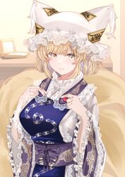 Rule 34 | 1girl, animal ears, blonde hair, blush, breasts, closed mouth, dress, fox ears, fox tail, frilled sleeves, frills, hat, highres, indoors, large breasts, long sleeves, mob cap, multiple tails, obi, sarasadou dan, sash, short hair, solo, tabard, tail, touhou, white dress, white hat, wide sleeves, yakumo ran, yellow eyes