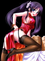Rule 34 | 1girl, ass, back-seamed legwear, bent over, blue eyes, blush, breasts, china dress, chinese clothes, dress, covered erect nipples, garter belt, high heels, kannatsuki noboru, large breasts, open mouth, purple hair, seamed legwear, shoes, sideboob, solo, thighhighs, twintails