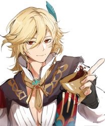 Rule 34 | 1boy, alcohol, black gloves, blonde hair, cape, closed mouth, cup, earrings, feather hair ornament, feathers, genshin impact, gloves, hair between eyes, hair ornament, hand up, highres, holding, holding cup, jewelry, kaveh (genshin impact), long sleeves, looking at viewer, male focus, mandarin collar, puffy long sleeves, puffy sleeves, red cape, red eyes, shirt, short hair, simple background, smile, solo, standing, tapeanna, white background, white shirt, wine
