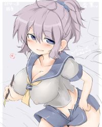 Rule 34 | 10s, 1girl, aoba (kancolle), blue eyes, breasts, cleavage, covered erect nipples, heart, highres, kantai collection, kerchief, large breasts, light purple hair, looking at viewer, messy hair, neckerchief, okiraku nikku, open mouth, ponytail, school uniform, serafuku, short hair, shorts, smile, solo, spoken heart