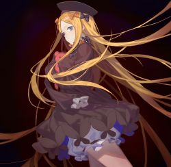 Rule 34 | 1girl, abigail williams (fate), black background, black bow, black dress, black hat, blonde hair, bloomers, blue eyes, bow, dress, fate/grand order, fate (series), female focus, gothic lolita, hair bow, hair ornament, hat, highres, lolita fashion, long hair, long sleeves, looking at viewer, orange bow, polka dot, polka dot bow, red cucumber, simple background, sleeves past wrists, solo, stuffed animal, stuffed toy, teddy bear, underwear, very long hair, white bloomers