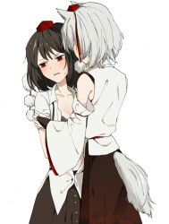 Rule 34 | 2girls, albino, animal ears, black hair, blush, bra, breasts, cleavage, detached sleeves, from behind, hat, inubashiri momiji, long sleeves, looking away, mochino (yumeura fuumi), multiple girls, open clothes, open mouth, open shirt, pom pom (clothes), puffy sleeves, red eyes, shameimaru aya, shirt, short hair, short sleeves, simple background, skirt, small breasts, string, sweatdrop, tail, tokin hat, touhou, underwear, white background, white hair, wide sleeves, wolf ears, wolf tail, yuri
