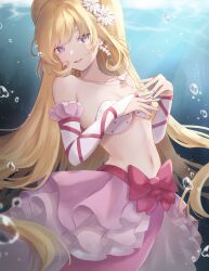 Rule 34 | 1girl, air bubble, bare shoulders, blonde hair, blue eyes, breasts, bridal gauntlets, bubble, cleavage, collarbone, commentary, cowboy shot, earrings, fhlen, flower, hair flower, hair ornament, highres, jewelry, layered skirt, long hair, looking at viewer, medium breasts, mermaid, mermaid melody pichi pichi pitch, midriff, monster girl, nanami lucia, nanami lucia (princess), navel, necklace, open mouth, pink skirt, shell, shell bikini, shell earrings, shell necklace, sidelocks, skirt, smile, solo, swept bangs, twintails, underwater, white skirt