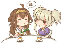 Rule 34 | 10s, ahoge, aoki hagane no arpeggio, bare shoulders, bell pepper, blonde hair, blush, blush stickers, brown hair, chibi, crossover, cup, double bun, dress, hair ornament, hairband, imazon, kantai collection, kongou (aoki hagane no arpeggio), kongou (kancolle), lipstick, long hair, makeup, multiple girls, name connection, nontraditional miko, open mouth, pepper, personification, puffy short sleeves, puffy sleeves, purple eyes, short sleeves, sitting, spoken squiggle, squiggle, tea, teacup, wavy mouth