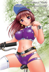 Rule 34 | 1girl, bare shoulders, bicycle, blush, bracelet, breasts, brown hair, cameltoe, cellphone, covered erect nipples, curvy, hat, jewelry, large breasts, navel, nipples, phone, purple eyes, red hair, smile, solo, spandex, thighhighs, tree, visor, visor cap, white thighhighs, yuuki tomoka