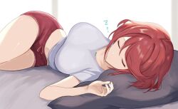 Rule 34 | 1girl, alternate costume, breasts, closed eyes, highres, large breasts, lying, plum ssbu, pyra (xenoblade), red hair, short hair, sleeping, solo, xenoblade chronicles (series), xenoblade chronicles 2