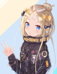 Rule 34 | 1girl, abigail williams (fate), abigail williams (traveling outfit) (fate), absurdres, bad id, bad pixiv id, bandaid, bandaid on face, bandaid on forehead, belt, black bow, black jacket, blonde hair, blue eyes, bow, breasts, crossed bandaids, fate/grand order, fate (series), forehead, hair bow, hair bun, heroic spirit traveling outfit, high collar, highres, jacket, long hair, long sleeves, lshiki, multiple hair bows, official alternate costume, open mouth, orange belt, orange bow, parted bangs, polka dot, polka dot bow, single hair bun, small breasts, solo, w