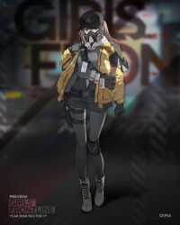 Rule 34 | 1girl, alternate costume, april fools, armband, backpack, bag, baseball cap, belt, black pantyhose, black skirt, blue eyes, boots, brown hair, buckle, character name, commentary, copyright name, costume, cross-laced footwear, dima (girls&#039; frontline), duoyuanjun, english commentary, explosive, full body, gas mask, girls&#039; frontline, gloves, grenade, grey footwear, grey gloves, grey shirt, hat, highres, holster, holstered, jacket, knee pads, lace-up boots, long hair, looking at viewer, mask, official art, pantyhose, promotional art, shirt, single knee pad, skirt, snap-fit buckle, solo, standing, tactical clothes, thigh holster, tom clancy&#039;s the division, walkie-talkie, watch, wristwatch, yellow jacket