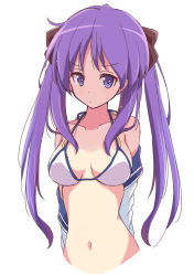 Rule 34 | 1girl, bikini, bikini top only, breasts, collarbone, halterneck, highres, hiiragi kagami, long hair, looking at viewer, lucky star, medium breasts, mel (melty pot), navel, purple eyes, purple hair, simple background, solo, swimsuit, twintails, white background, white bikini