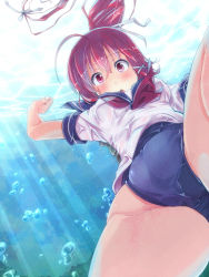 Rule 34 | 10s, 1girl, cameltoe, freediving, highres, i-168 (kancolle), kantai collection, long hair, pasteljam, personification, ponytail, red eyes, red hair, school swimsuit, school uniform, serafuku, solo, swimsuit, swimsuit under clothes, underwater
