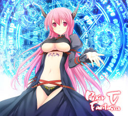 Rule 34 | 1girl, 47agdragon, belt, breasts, demon girl, horns, large breasts, light smile, long hair, magic circle, midriff, multiple belts, navel, open clothes, open shirt, original, outstretched hand, panties, pink eyes, pink hair, pixiv fantasia, pixiv fantasia 5, shirt, single horn, solo, tattoo, underboob, underwear, very long hair