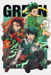 Rule 34 | 3boys, absurdres, bishounen, bodysuit, boku no hero academia, brown hair, child, commentary, commentary request, crossover, demon slayer uniform, english text, freckles, gloves, gon freecss, green bodysuit, green footwear, green hair, green shorts, haori, highres, holding, holding sword, holding weapon, hunter x hunter, japanese clothes, kamado tanjirou, katana, kimetsu no yaiba, kimono, long sleeves, looking at viewer, male focus, midoriya izuku, multicolored hair, multiple boys, multiple crossover, oishi gohan11 2, open mouth, scar, scar on face, scar on forehead, short hair, shorts, simple background, smile, spiked hair, sword, weapon
