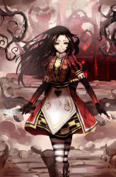 Rule 34 | 1girl, ace (playing card), ace of hearts, alice: madness returns, alice (alice in wonderland), alice in wonderland, alice liddell (american mcgee&#039;s alice), american mcgee&#039;s alice, american mcgee's alice, black hair, boots, card, castle, dress, green eyes, heart, highres, holding, holding card, knife, long hair, muye, pantyhose, playing card, red dress, smile, solo, striped clothes, striped pantyhose, thighhighs