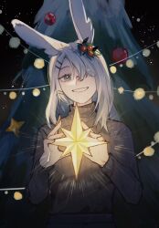 Rule 34 | 1girl, animal ears, arknights, black sweater, christmas, christmas ornaments, christmas tree, commentary, english commentary, frostnova (arknights), grey eyes, grey hair, grin, hair ornament, hair over one eye, hairclip, hands up, highres, holding, long hair, long sleeves, looking at viewer, rabbit ears, resul (scripppppp), ribbed sweater, smile, solo, sweater, turtleneck, turtleneck sweater