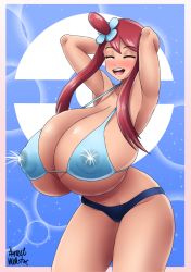 Rule 34 | 1girl, absurdres, arms behind head, arms up, azraelwebster, bikini, blush, breasts, closed eyes, covered erect nipples, creatures (company), female focus, game freak, gigantic breasts, highres, lactation, lactation through clothes, medium hair, nintendo, pokemon, pokemon bw, red hair, skyla (pokemon), smile, solo, swimsuit, underboob