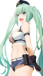 Rule 34 | 1girl, :d, absurdres, arms behind back, bare shoulders, belt, black gloves, blush, breasts, cowboy shot, crop top, denim, denim shorts, fang, fingerless gloves, girls&#039; frontline, gloves, green eyes, green hair, hat, highres, large breasts, long hair, looking at viewer, micro uzi (girls&#039; frontline), micro uzi (mod3) (girls&#039; frontline), midriff, navel, open mouth, pouch, ren huozhe, short shorts, shorts, simple background, sleeveless, smile, solo, twintails, very long hair, white background