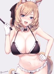 Rule 34 | 1girl, animal ears, arknights, bikini, black bikini, black bra, black collar, black panties, black ribbon, black thighhighs, blonde hair, blue eyes, bra, breasts, cleavage, collar, cowboy shot, detached collar, fang, frilled bikini, frilled bra, frilled panties, frilled thighhighs, frills, gloves, grey background, hair ribbon, hand on own hip, highres, holding, horse ears, horse girl, horse tail, kousi sirazawa, large breasts, looking at viewer, maid, maid bikini, medium hair, midriff, navel, open mouth, panties, ribbon, solo, swimsuit, tail, thick thighs, thighhighs, thighs, twitter username, unconventional maid, underwear, whislash (arknights), white gloves