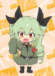 Rule 34 | 1girl, :d, aged down, anchovy (girls und panzer), anzio military uniform, belt, black belt, black footwear, black necktie, black shirt, blush stickers, boots, box, cardboard box, child, commentary, dress shirt, drill hair, full body, girls und panzer, green hair, grey jacket, hand on own hip, highres, jacket, jinguu (4839ms), long hair, long sleeves, looking at viewer, military, military uniform, necktie, open mouth, orange background, oversized clothes, red eyes, shirt, sleeves past wrists, smile, solo, standing, twin drills, twintails, uniform, waving