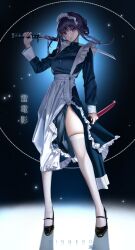 Rule 34 | 1girl, alternate costume, apron, artist name, black dress, black footwear, breasts, closed mouth, dress, full body, genshin impact, highres, holding, holding sword, holding weapon, katana, large breasts, long hair, long sleeves, looking at viewer, maid headdress, purple eyes, purple hair, raiden shogun, ringeko-chan, solo, standing, sword, thighhighs, thighs, translation request, weapon, white apron, white headwear, white thighhighs