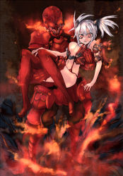 Rule 34 | 1girl, armor, bad id, bad pixiv id, breasts, carrying, fire, medium breasts, original, power armor, sigama, silver hair, teeth, thighhighs, twintails