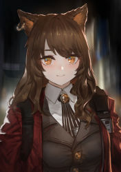 Rule 34 | 1girl, animal ears, arknights, black jacket, blazer, breasts, brown eyes, brown hair, buttons, cat ears, closed mouth, collared shirt, ear piercing, ex-trident, highres, jacket, long hair, looking at viewer, medium breasts, necktie, open clothes, open jacket, piercing, red jacket, shirt, skyfire (arknights), smile, solo, strap, undershirt, upper body, vertical-striped clothes, vertical-striped necktie, white shirt, wing collar
