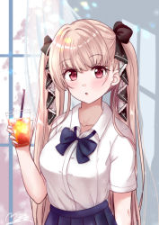 Rule 34 | 1girl, absurdly long hair, alternate costume, azur lane, blurry, bow, bowtie, collarbone, commentary request, contemporary, curtains, depth of field, drink, drinking straw, formidable (azur lane), hair bow, hair ribbon, holding, holding drink, ice, ice cube, long hair, looking at viewer, m ko (maxft2), parted lips, red eyes, ribbon, school uniform, sidelocks, silver hair, solo, twintails, very long hair, window