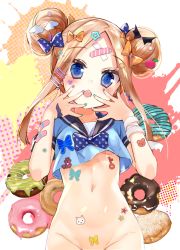 Rule 34 | 1girl, abigail williams (fate), bandaid, bandaid on arm, black sailor collar, blue bow, blue eyes, blue nails, blue shirt, blush, bottomless, bow, chestnut mouth, commentary request, crossed bandaids, double bun, doughnut, fate/grand order, fate (series), fingernails, food, green nails, groin, hair bow, hair ornament, hands up, head tilt, heart, heart print, jin young-in, light brown hair, long hair, nail polish, navel, open mouth, orange bow, out-of-frame censoring, pink nails, print bow, sailor collar, school uniform, serafuku, shirt, short sleeves, sidelocks, solo, star (symbol), star hair ornament, teeth, upper teeth only
