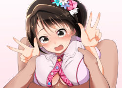 Rule 34 | 10s, 1boy, 1girl, blush, bow, grabbing another&#039;s breast, breasts, brown eyes, brown hair, clothed female nude male, double w, flower, grabbing, hair flower, hair ornament, hetero, idolmaster, idolmaster cinderella girls, izumi arima, large breasts, long hair, looking down, nude, open mouth, paizuri, paizuri under clothes, penis, plaid, plaid bow, ribbon, shimamura uzuki, side ponytail, sweatdrop, uncensored, w