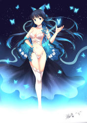 Rule 34 | 1girl, absurdres, black hair, blue eyes, blue hair, breasts, butterfly, butterfly hair ornament, choker, cleavage, gogatsu fukuin, hair ornament, hand on own hip, highres, long hair, looking at viewer, matching hair/eyes, multicolored hair, nie xiaoqian, revealing clothes, sangai senki, smile, solo, standing, two-tone hair