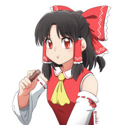 Rule 34 | 1girl, ascot, bare shoulders, black hair, bow, closed mouth, commentary, eating, frilled bow, frills, hair bow, hair tubes, hakurei reimu, highres, long sleeves, medium hair, rakkidei, red bow, red eyes, red vest, ribbon-trimmed sleeves, ribbon trim, touhou, upper body, vest, wide sleeves, yellow ascot