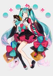 Rule 34 | 1girl, :&gt;, absurdres, aqua eyes, aqua hair, aqua nails, asymmetrical sleeves, black skirt, black thighhighs, bow, commentary, criss-cross halter, folding fan, frilled skirt, frills, full body, grey background, hair ornament, hairclip, halterneck, hand fan, hatsune miku, highres, holding, holding fan, japanese clothes, kimono, long hair, looking at viewer, magical mirai (vocaloid), magical mirai miku, magical mirai miku (2020 summer), mismatched sleeves, nail polish, omutatsu, one eye closed, sandals, single thighhigh, skirt, smile, solo, thighhighs, twintails, very long hair, vocaloid, wide sleeves, yukata, zouri