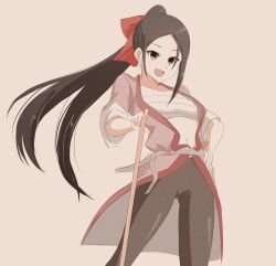 Rule 34 | 1girl, :d, asymmetrical sidelocks, black hair, black pants, bow, breasts, broom, chest sarashi, commentary request, contrapposto, en (nue no onmyouji), forehead, grey eyes, hair bow, hakama, hand on own hip, high ponytail, holding, holding broom, japanese clothes, kimono, long hair, maikeru1003, navel, nue no onmyouji, obi, open clothes, open kimono, open mouth, pants, parted bangs, pink background, ponytail, red bow, red kimono, sarashi, sash, short kimono, sidelocks, simple background, sleeves rolled up, small breasts, smile, solo, standing, tight clothes, tight pants, white sash