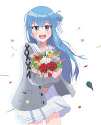 Rule 34 | 1girl, blue eyes, blue hair, blush, flower, hair bun, highres, hololive, hoshimachi suisei, hoshimachi suisei (school uniform), jacket, kempowder, long hair, long sleeves, looking at viewer, non-web source, official alternate costume, open mouth, self-upload, skirt, smile, solo, source request, virtual youtuber, white skirt