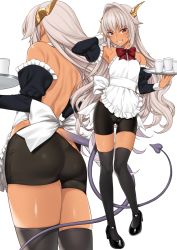 Rule 34 | 1girl, apron, ass, bare back, bike shorts, black footwear, black thighhighs, cup, dark-skinned female, dark skin, detached sleeves, dragon girl, dragon horns, dragon tail, enjo kouhai, grey hair, grin, hair intakes, highres, horns, long hair, looking at viewer, maid, mary janes, shoes, simple background, smile, solo, tail, takunomi, thighhighs, tray, ursula (takunomi), white apron, white background