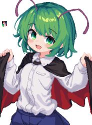 Rule 34 | 1girl, 999 (hansode), antennae, blush, cloak, collared shirt, commentary, green eyes, green hair, looking at viewer, open mouth, pixel art, shirt, short hair, simple background, solo, touhou, upper body, white background, white shirt, wriggle nightbug