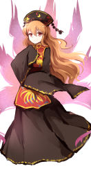 Rule 34 | 1girl, black dress, chinese clothes, crescent moon, dena.ei, dress, fox tail, hat, highres, junko (touhou), long hair, long sleeves, moon, orange hair, red eyes, sash, simple background, smile, solo, tabard, tail, touhou, white background, wide sleeves