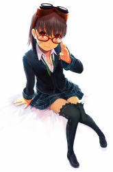 Rule 34 | 10s, 1girl, adjusting eyewear, alternate costume, arm support, bespectacled, black thighhighs, dirty, dirty face, full body, glasses, god eater, god eater burst, goggles, goggles on head, grey hair, kusunoki rikka, purple hair, red eyes, school uniform, shoes, simple background, sitting, smile, solo, thighhighs, unbuttoned, wankosukii