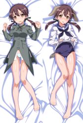 Rule 34 | 1girl, barefoot, blush, brown eyes, brown hair, clothes lift, cosplay, dakimakura (medium), gertrud barkhorn, lying, military, military uniform, miyafuji yoshika, miyafuji yoshika (cosplay), multiple views, okina ika, on back, one-piece swimsuit, open mouth, panties, school swimsuit, school uniform, shirt lift, short hair, smile, strike witches, swimsuit, swimsuit under clothes, underwear, uniform, world witches series
